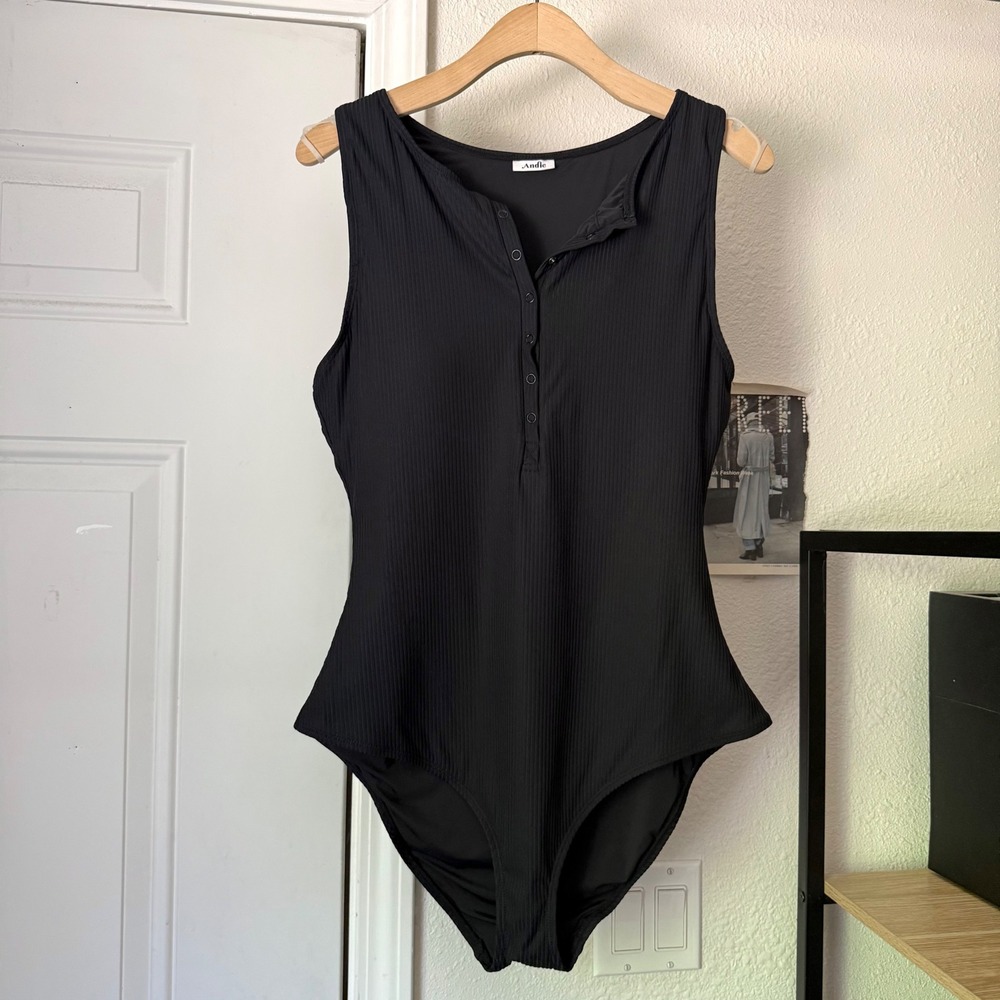 ANDIE swim black rib ribbed polo levels some piece beach swim suit